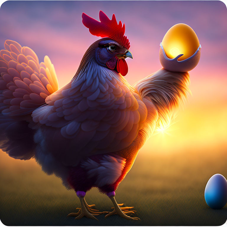 Illustrated chicken holding golden egg at sunrise with second egg on ground