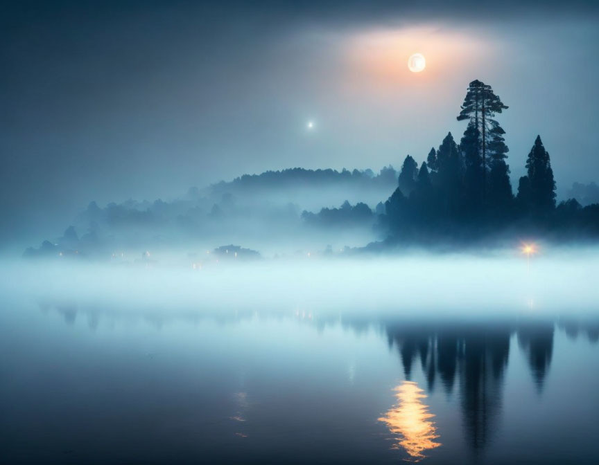 Tranquil misty landscape with glowing sun and silhouetted trees