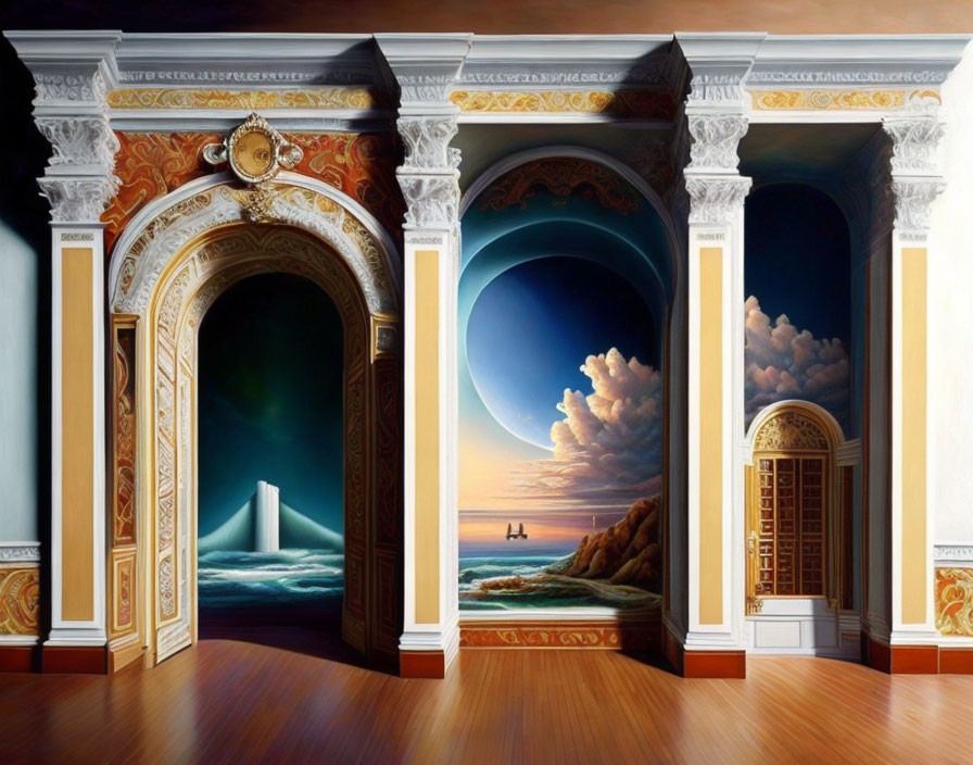 Intricate wall murals of surreal ocean scenes in ornate room