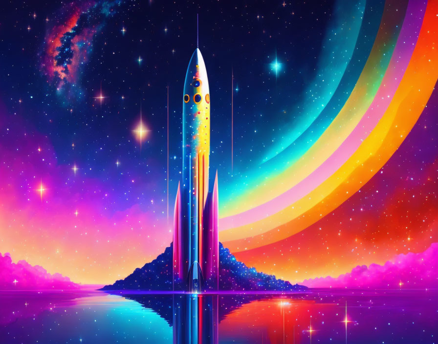 Colorful retro-futuristic rocket on island with space backdrop & rainbow auroras.