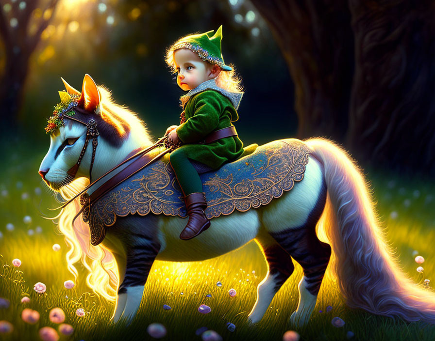 Toddler in green elf costume on majestic cat in magical forest