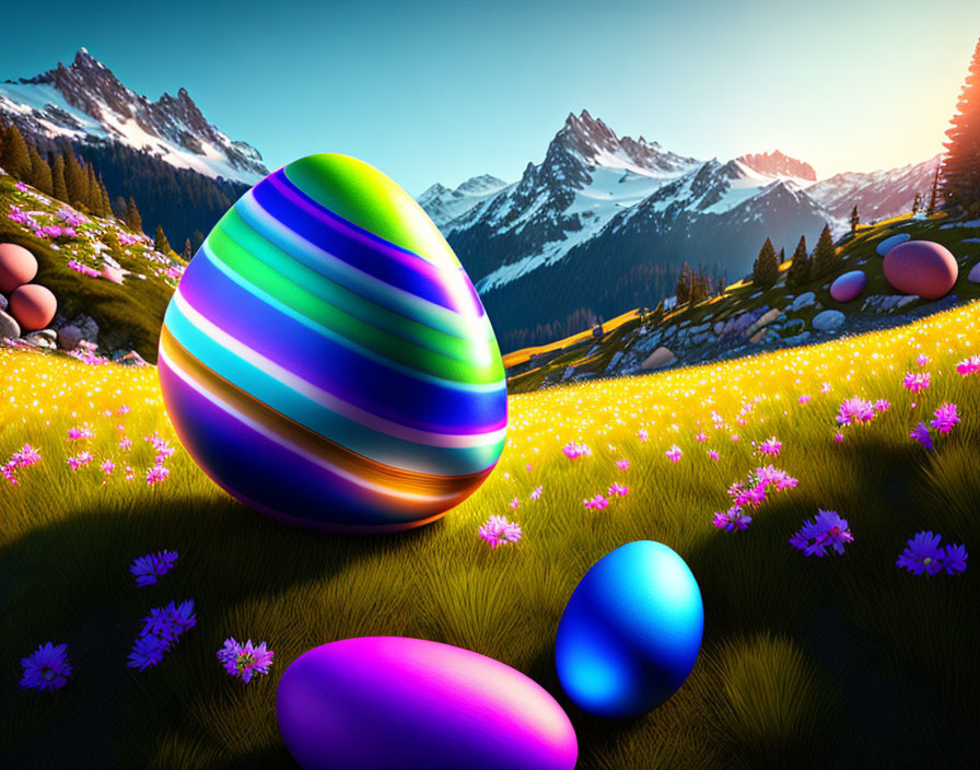 Colorful Easter Eggs Scattered in Meadow with Mountains