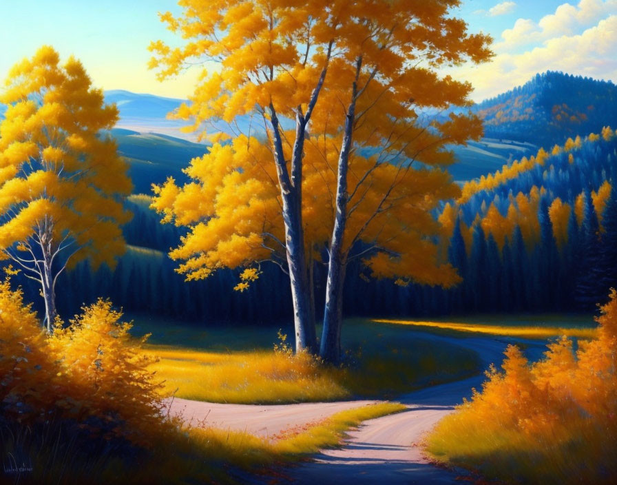 Tranquil autumn forest scene with yellow trees and winding path