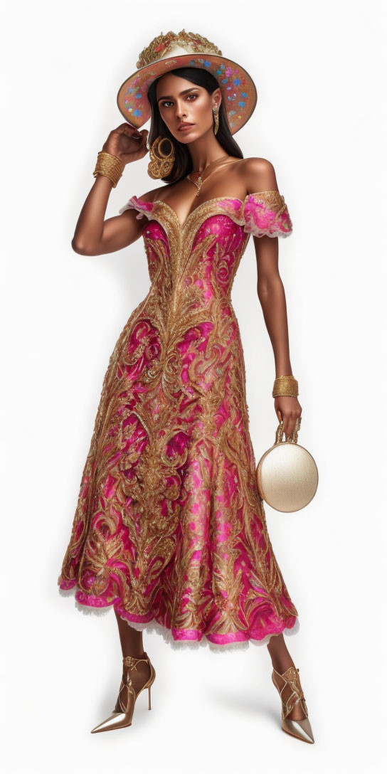 Woman in pink and gold embroidered dress, wide-brimmed hat, and high heels with spherical clutch