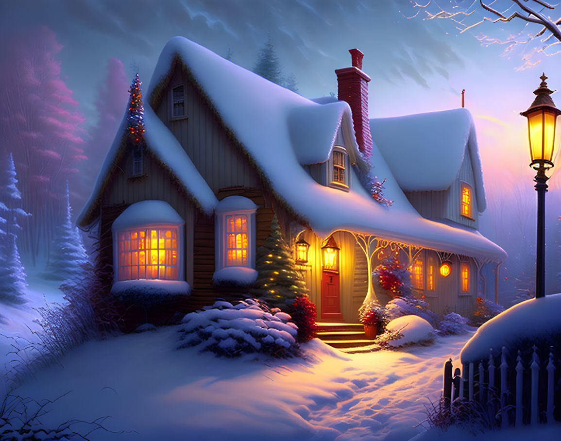 Snow-covered cottage with glowing windows and Christmas decorations at twilight