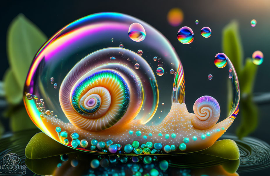 Colorful Snail Surrounded by Bubbles, Beads, and Greenery