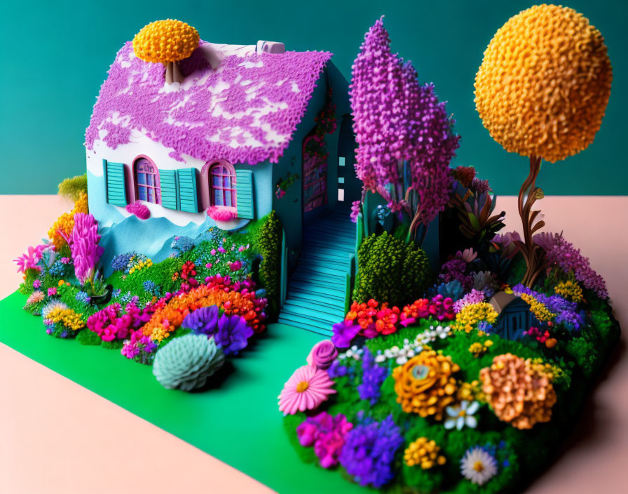 Colorful miniature house in whimsical garden setting on teal background