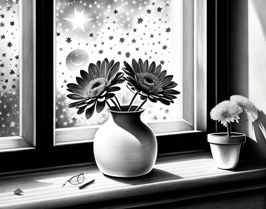 Monochrome illustration of windowsill with flowers, plant, and starry sky