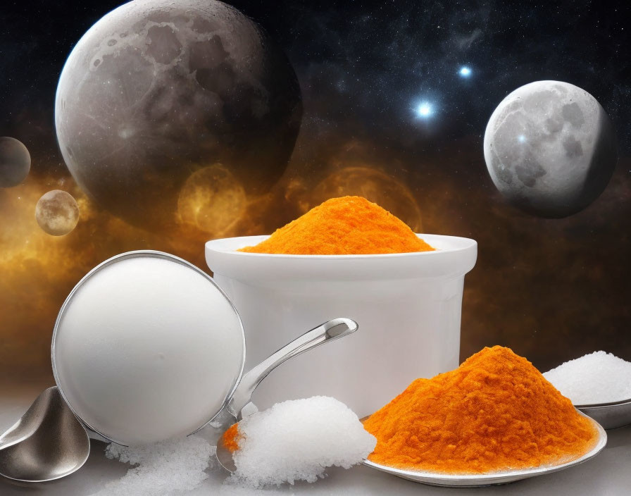 Salt and turmeric bowls on cosmic background with moons and stars