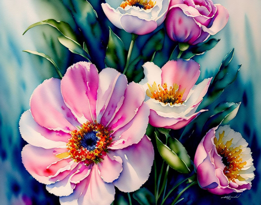 Colorful Watercolor Painting of Pink Flowers with Yellow Centers and Dew Drops on Petals