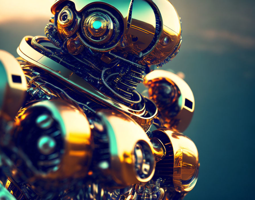 Detailed Shiny Robotic Figure with Golden and Chrome Parts on Soft-focus Background