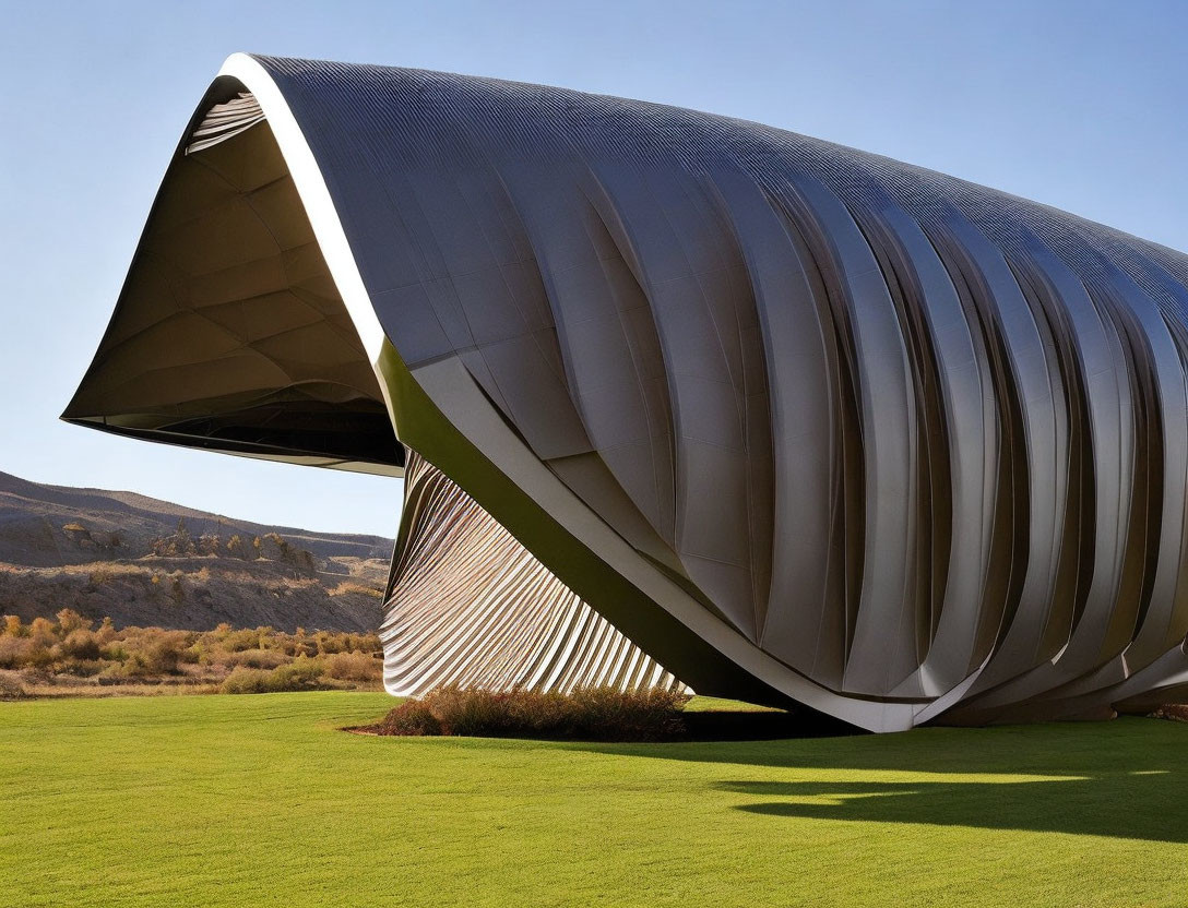 Curved metallic facade on modern building in green landscape