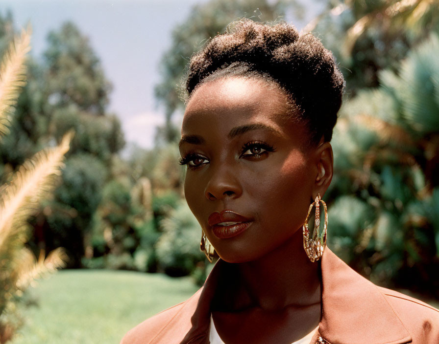 Woman with updo, large earrings, and brown outfit outdoors with green foliage.