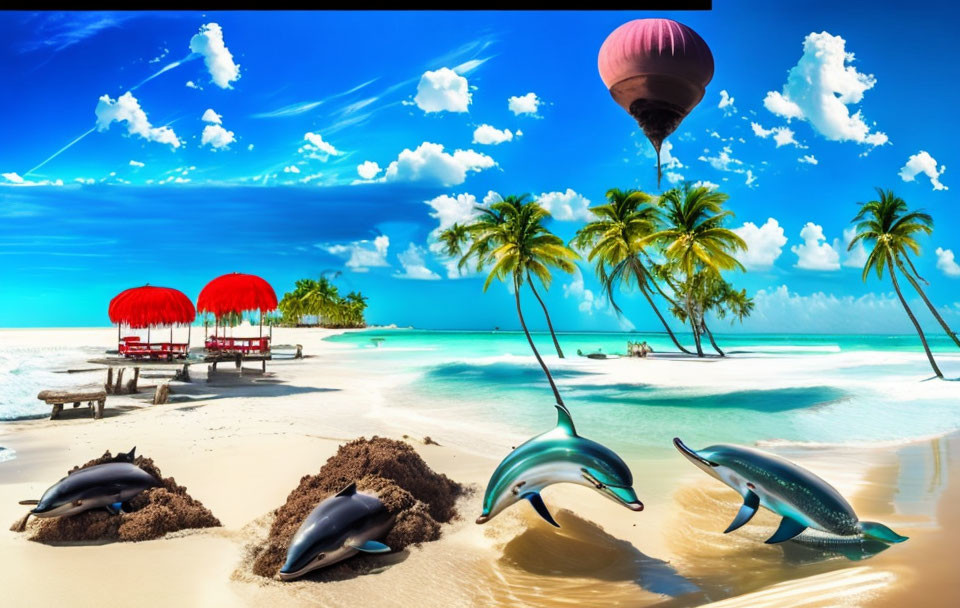 Tropical beach scene with dolphins, palm trees, sunshades, and hot air balloon