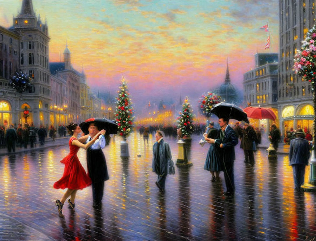 Elegant couples dancing on rain-slicked street with Christmas trees at sunset