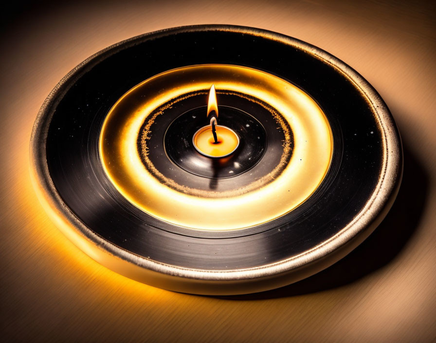 Vinyl Record-Shaped Candle on Gold Gradient Background