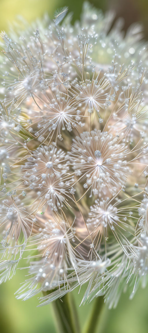 Dandelion seed head with dew drops on soft green backdrop