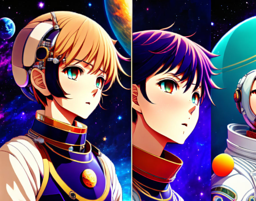 Futuristic anime characters with space backgrounds