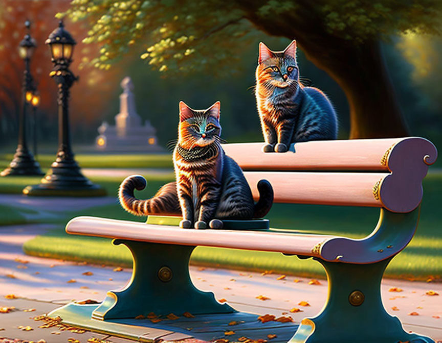 Two striped cats on park bench under golden sunlight