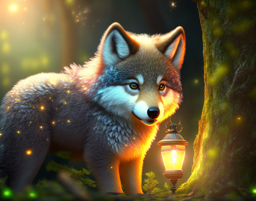 Magical fox in enchanted forest with lantern and glowing particles