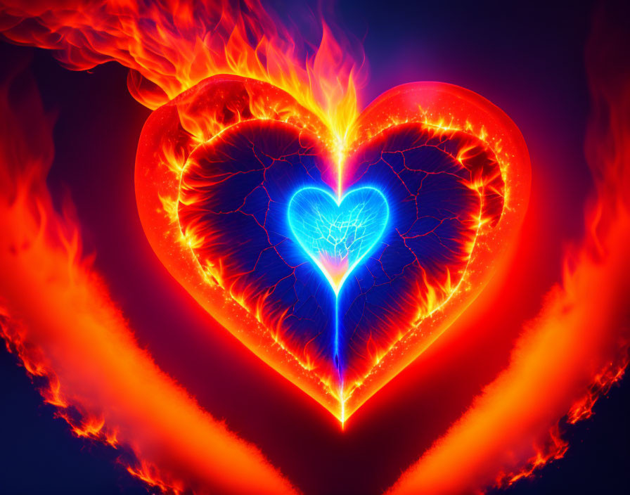 Double Heart Shape with Glowing Blue Heart on Flaming Heart Background