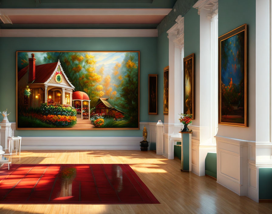 Spacious room with framed house painting, hardwood floors, red rug, and white columns