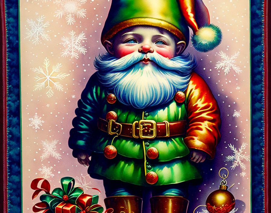 Vibrant gnome illustration with blue beard and festive attire in snowy scene