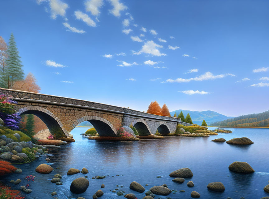 Stone bridge with arches over tranquil river amid fall foliage, flowers, blue sky