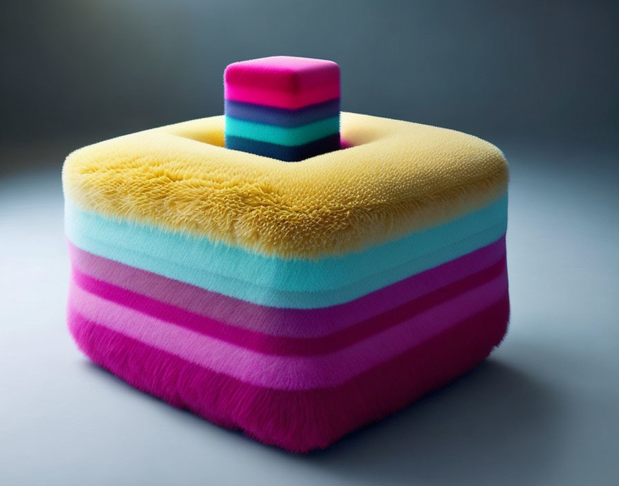 Square Cake with Yellow, Turquoise, Pink Icing Layers & Striped Top Piece