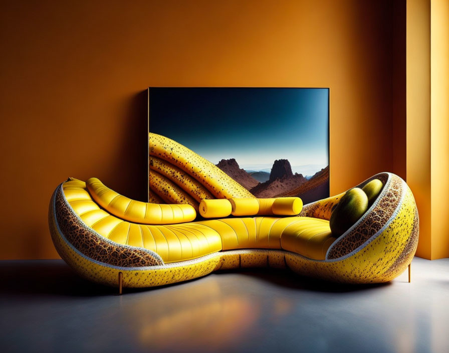 Modern living room with large TV, banana-shaped yellow sofa, circular center seat, and orange wall.