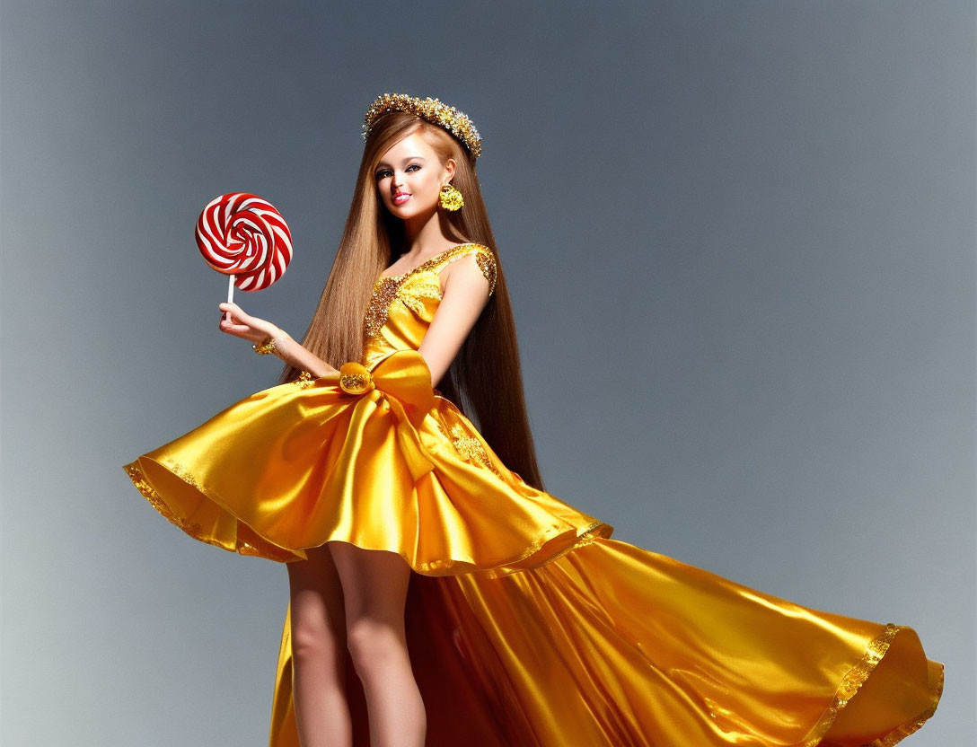 Woman in Yellow Dress with Tiara and Lollipop, Straight Hairstyle