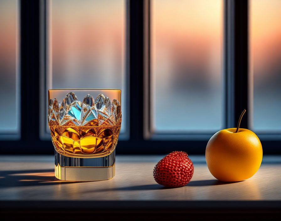 Whiskey glass with amber liquid, golden apple, and red strawberry on windowsill