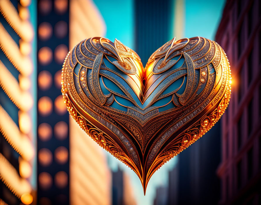 Intricate Golden Heart Against City Skyline at Sunset