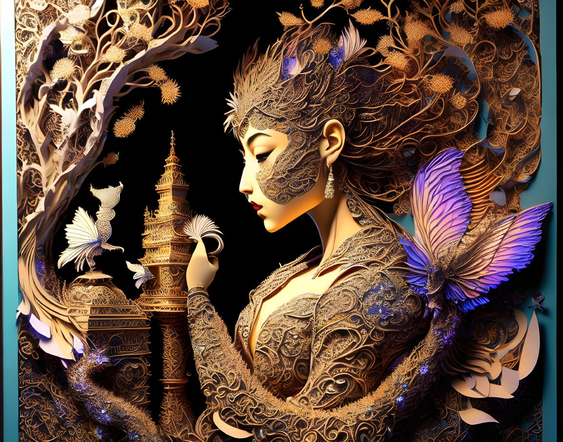 Detailed artwork of woman with gold patterns holding tower, surrounded by birds, butterflies, and stylized tree