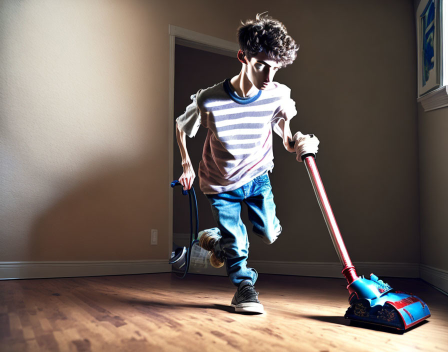 Young person with curly hair vacuum cleaning in dimly lit room