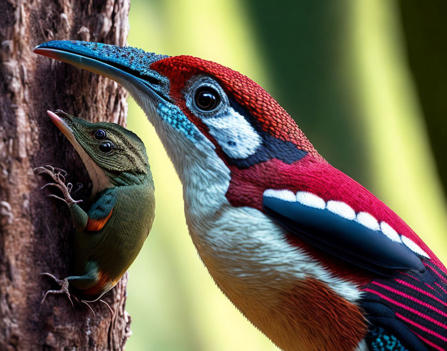 Vibrant Woodpecker and Hatchling in Tree Hollow