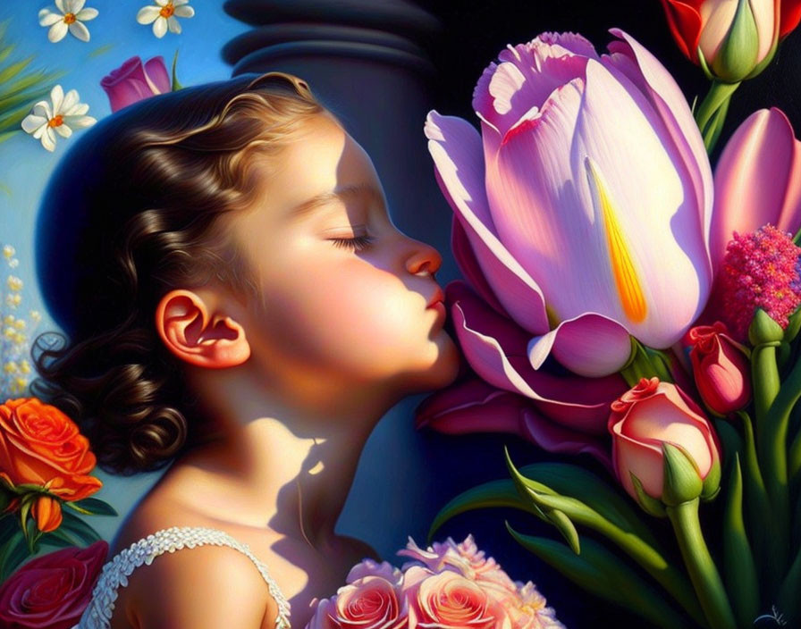 Young girl with closed eyes and colorful tulip in bouquet.