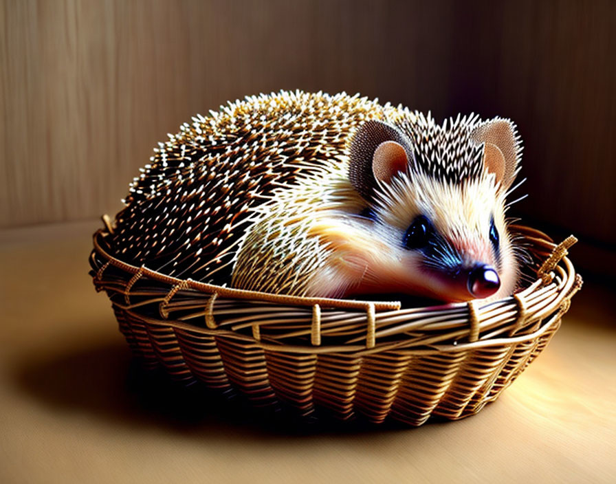 Hedgehog resting in wicker basket on wooden surface