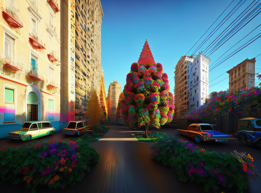 Colorful Flower-Covered Trees and Vintage Cars on Vibrant Street