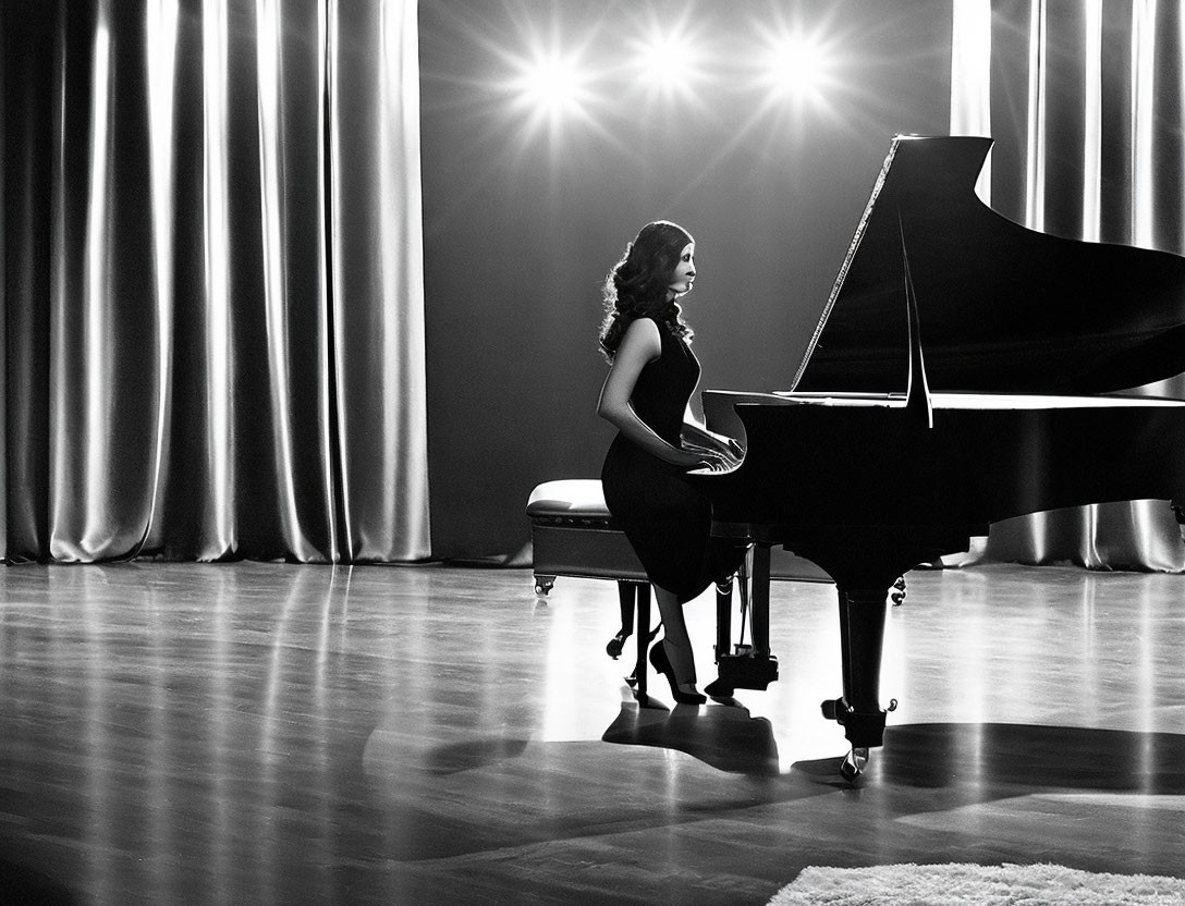 Woman in elegant dress at grand piano on stage with spotlights