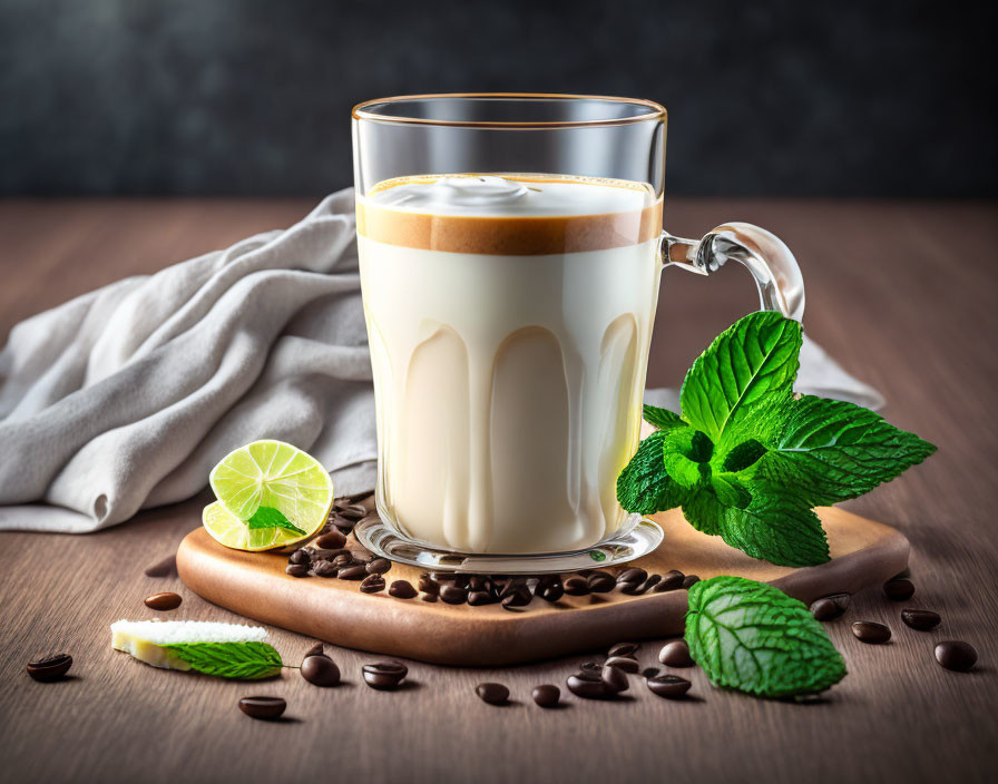 Frothy coffee with milk layers, mint leaves, lime, and coffee beans on wooden surface