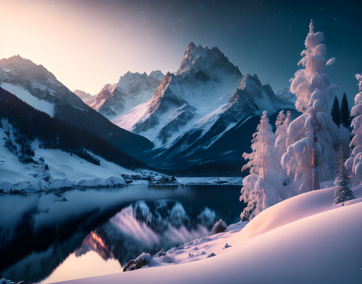 Snowy Evergreens and Mountain Lake in Twilight Scene