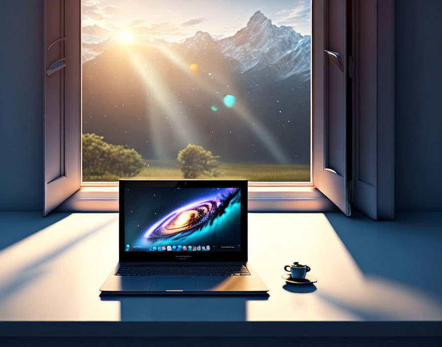 Galaxy wallpaper laptop on windowsill with coffee cup and mountain view