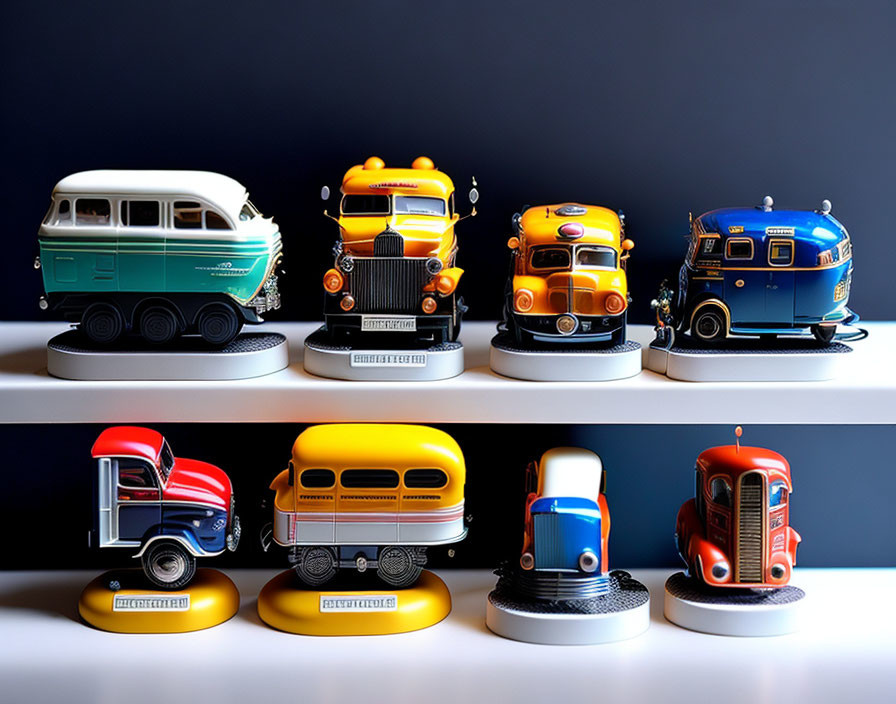 Vintage Vehicle Models Displayed on Shelves Against Dark Background