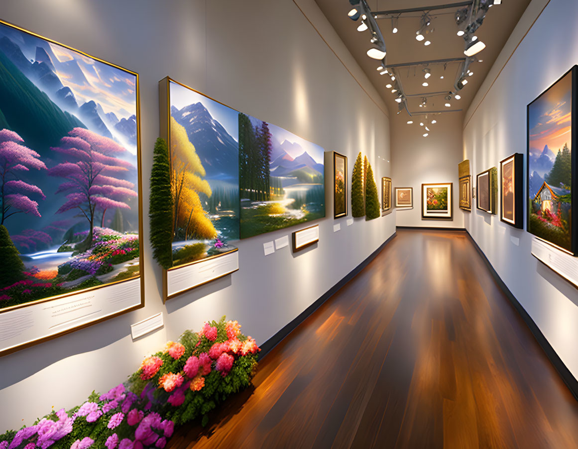 Vibrant landscape paintings in art gallery interior