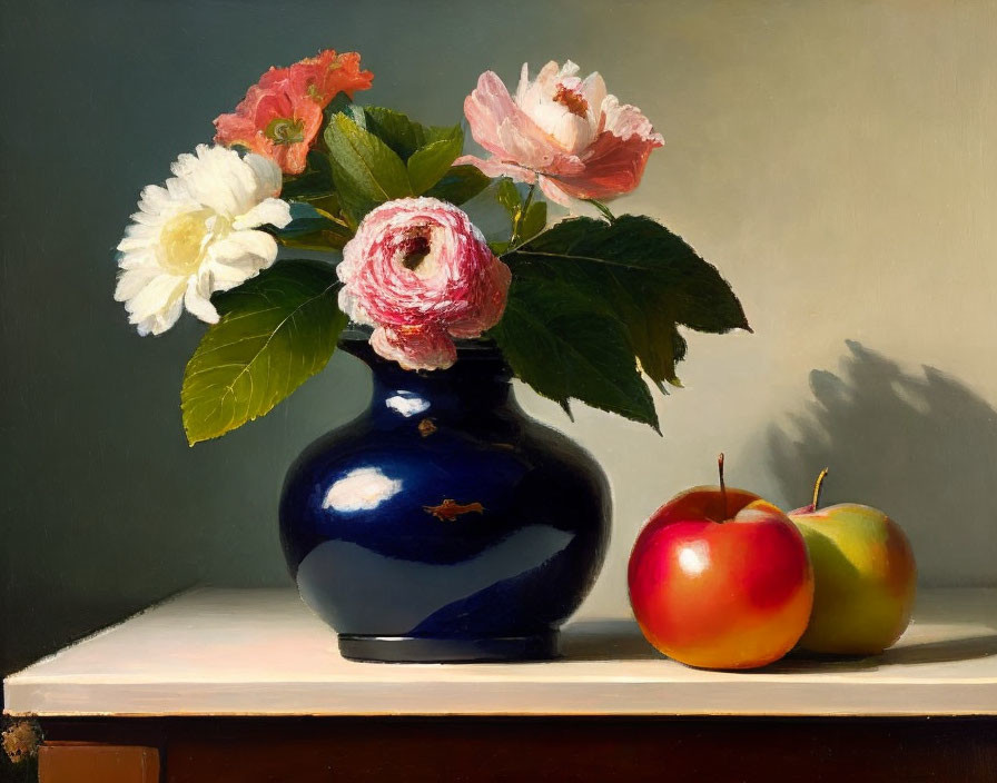 Classic Still Life Painting: Dark Blue Vase, Blooming Flowers, Two Apples