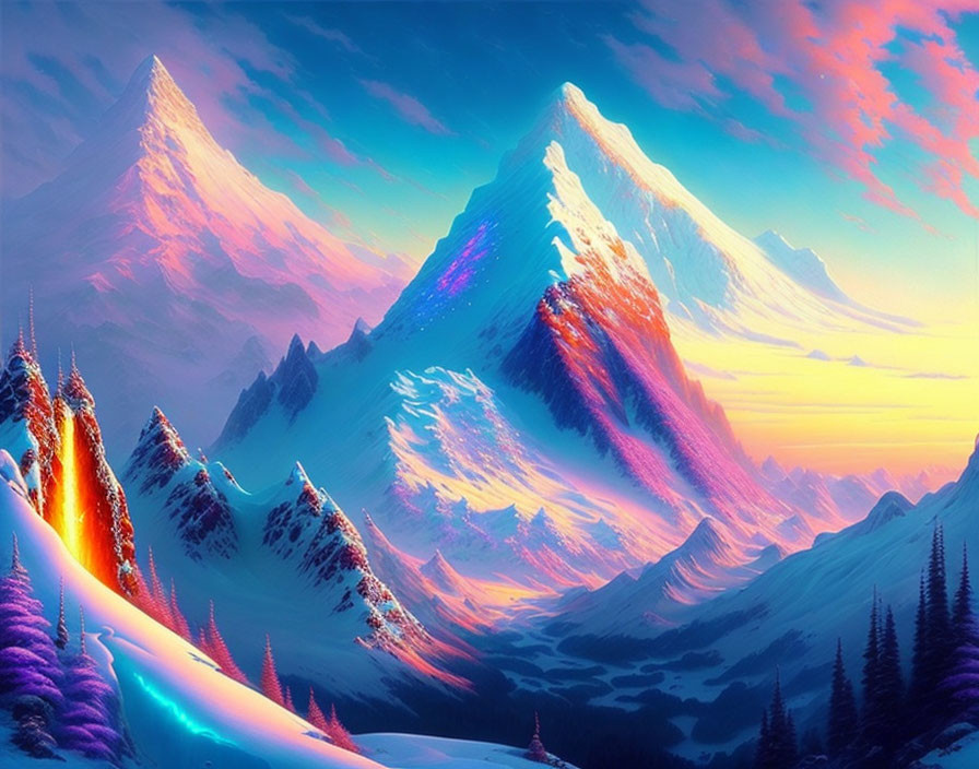 Snow-covered mountains in vibrant digital artwork with pink and blue sky hues.