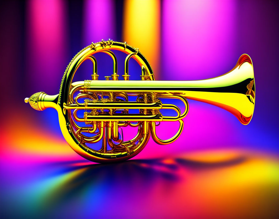 Brass trumpet on vibrant multicolored background