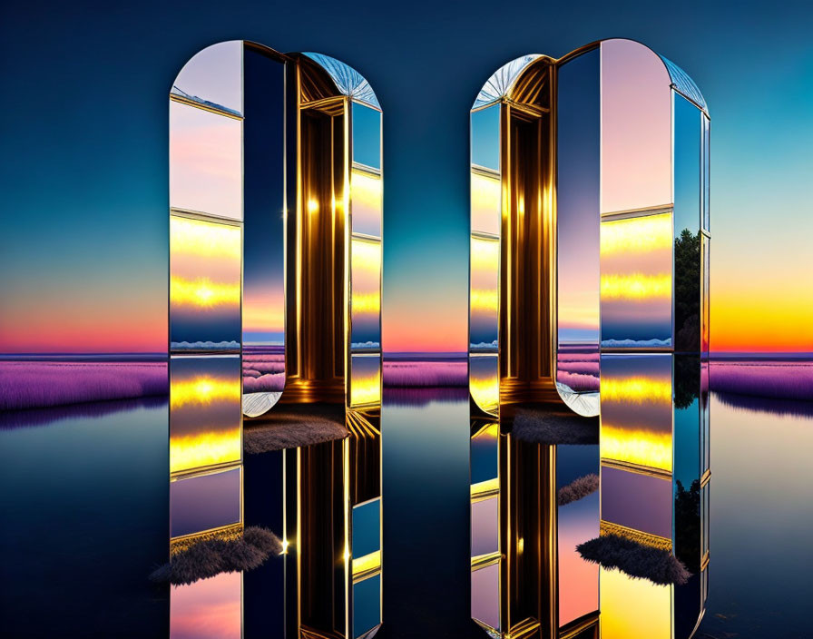 Symmetrical open doors frame vivid sunset over calm water