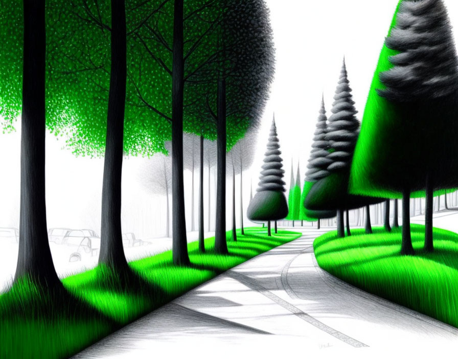 Vibrant green and black shaded park with trees and parked cars